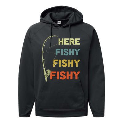 Funny Fishing Here Fishy Bass Funny Dad Fisherman Performance Fleece Hoodie