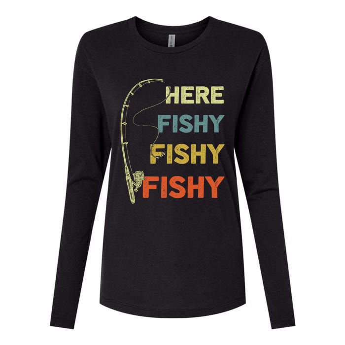 Funny Fishing Here Fishy Bass Funny Dad Fisherman Womens Cotton Relaxed Long Sleeve T-Shirt