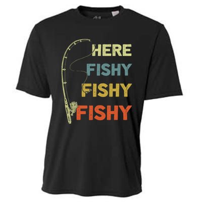 Funny Fishing Here Fishy Bass Funny Dad Fisherman Cooling Performance Crew T-Shirt