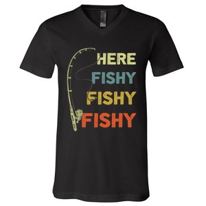 Funny Fishing Here Fishy Bass Funny Dad Fisherman V-Neck T-Shirt