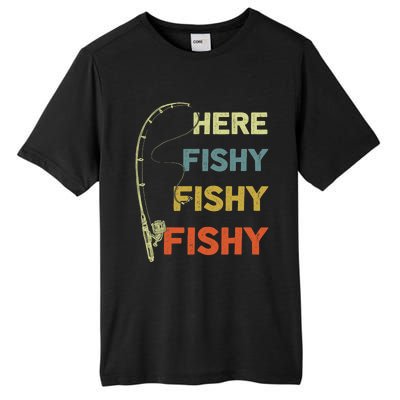 Funny Fishing Here Fishy Bass Funny Dad Fisherman Tall Fusion ChromaSoft Performance T-Shirt