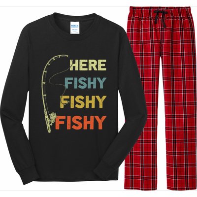 Funny Fishing Here Fishy Bass Funny Dad Fisherman Long Sleeve Pajama Set