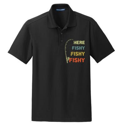 Funny Fishing Here Fishy Bass Funny Dad Fisherman Dry Zone Grid Polo