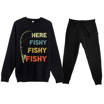 Funny Fishing Here Fishy Bass Funny Dad Fisherman Premium Crewneck Sweatsuit Set