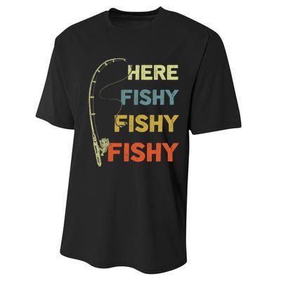 Funny Fishing Here Fishy Bass Funny Dad Fisherman Performance Sprint T-Shirt