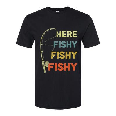 Funny Fishing Here Fishy Bass Funny Dad Fisherman Softstyle CVC T-Shirt