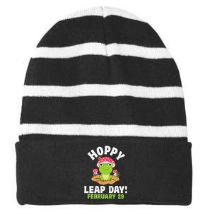 Funny Frog Hoppy Leap Day February 29 Birthday Leap Year Striped Beanie with Solid Band