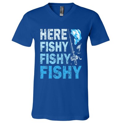 Funny Fisherman Here Fishy Fishy Gift V-Neck T-Shirt