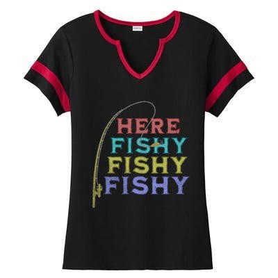 Funny Fishing Here Fishy Funny Gift Ladies Halftime Notch Neck Tee