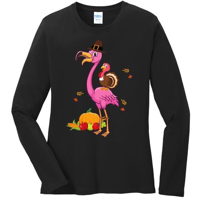 Festive Flamingo Holiday Present Ladies Long Sleeve Shirt