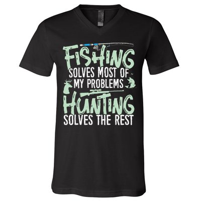 Funny Fishing & Hunting S Fishing Solves My Problems V-Neck T-Shirt