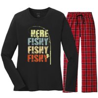 Funny Fishing Herefishy Graphic Women's Long Sleeve Flannel Pajama Set 