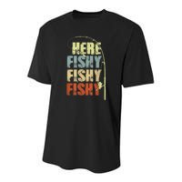 Funny Fishing Herefishy Graphic Youth Performance Sprint T-Shirt