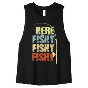 Funny Fishing Herefishy Graphic Women's Racerback Cropped Tank