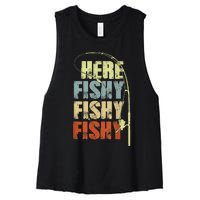 Funny Fishing Herefishy Graphic Women's Racerback Cropped Tank