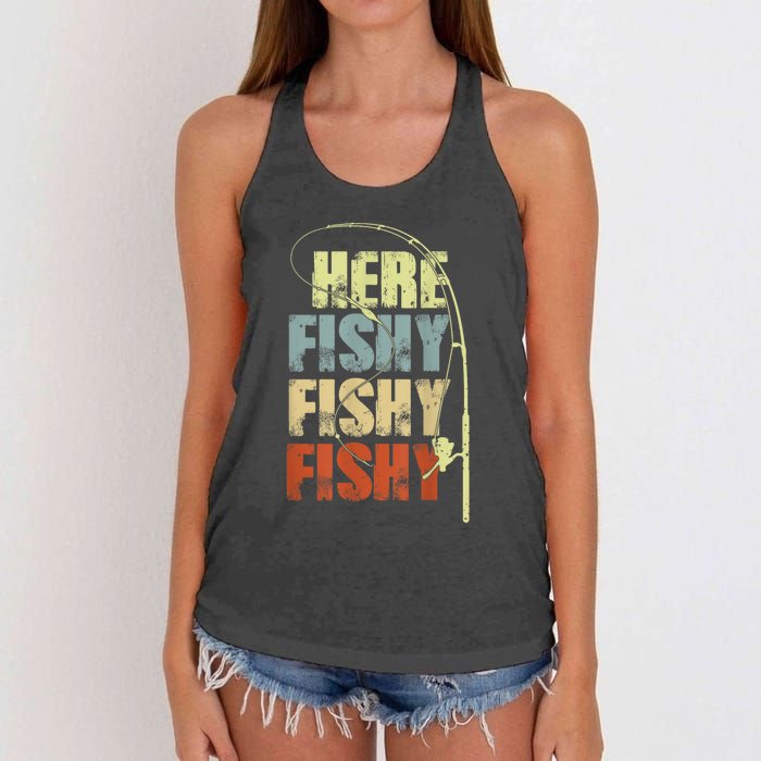 Funny Fishing Herefishy Graphic Women's Knotted Racerback Tank