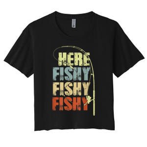 Funny Fishing Herefishy Graphic Women's Crop Top Tee