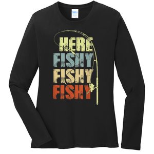 Funny Fishing Herefishy Graphic Ladies Long Sleeve Shirt