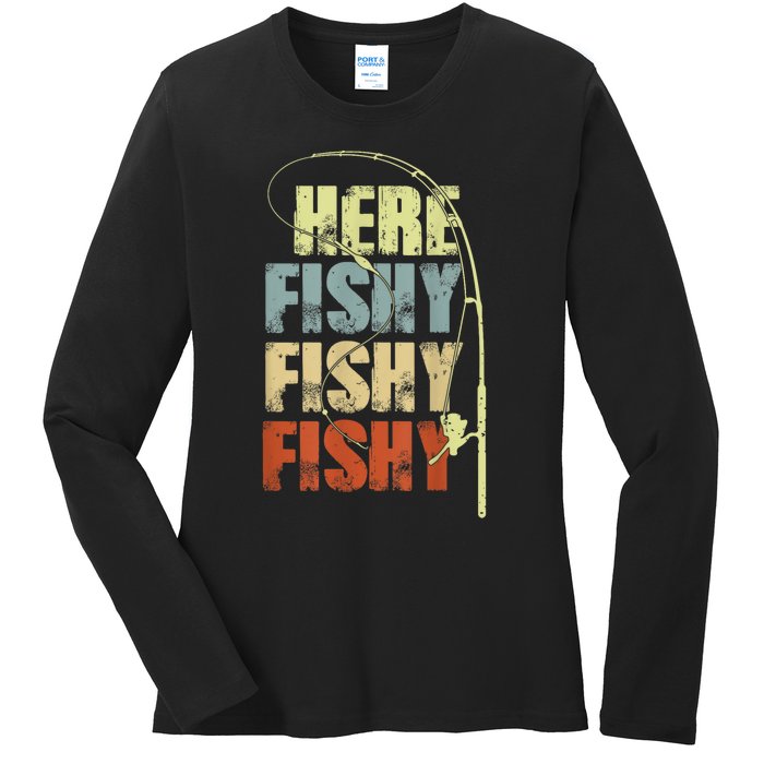 Funny Fishing Herefishy Graphic Ladies Long Sleeve Shirt