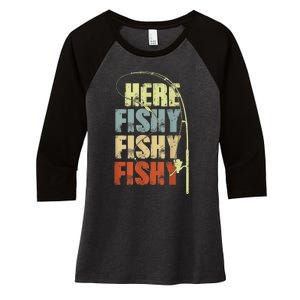 Funny Fishing Herefishy Graphic Women's Tri-Blend 3/4-Sleeve Raglan Shirt