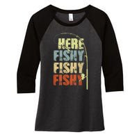 Funny Fishing Herefishy Graphic Women's Tri-Blend 3/4-Sleeve Raglan Shirt