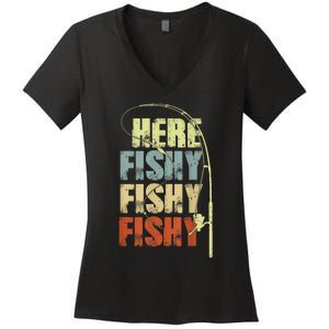 Funny Fishing Herefishy Graphic Women's V-Neck T-Shirt