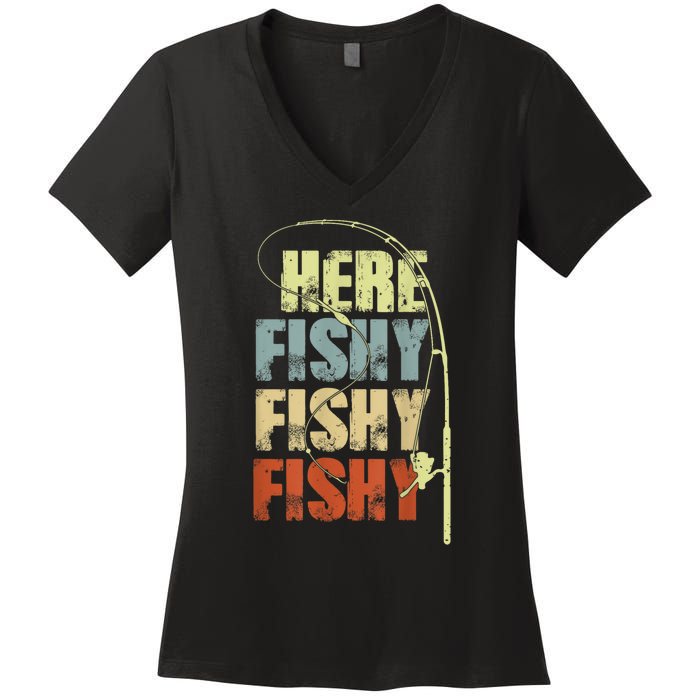 Funny Fishing Herefishy Graphic Women's V-Neck T-Shirt