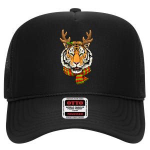 Festive Feline Holiday Lover Christmas Tiger Cat & Santa Reindeer High Crown Mesh Back Trucker Hat