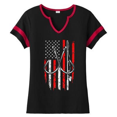 Fisherman Fishing Hooks Proud American Flag Fishing Ladies Halftime Notch Neck Tee