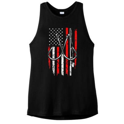 Fisherman Fishing Hooks Proud American Flag Fishing Ladies PosiCharge Tri-Blend Wicking Tank