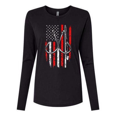 Fisherman Fishing Hooks Proud American Flag Fishing Womens Cotton Relaxed Long Sleeve T-Shirt