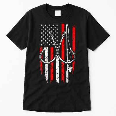 Fisherman Fishing Hooks Proud American Flag Fishing Tall T-Shirt