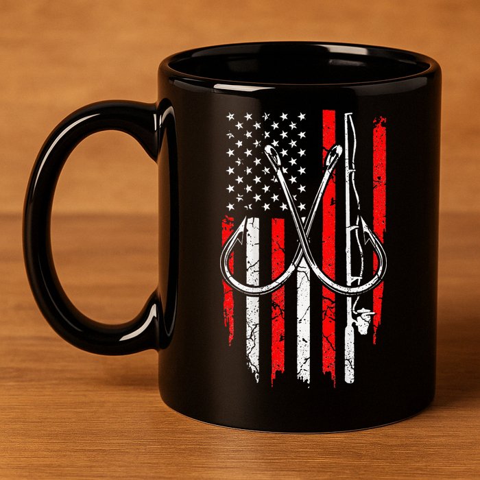 Fisherman Fishing Hooks Proud American Flag Fishing 11oz C Handle Ceramic Mug
