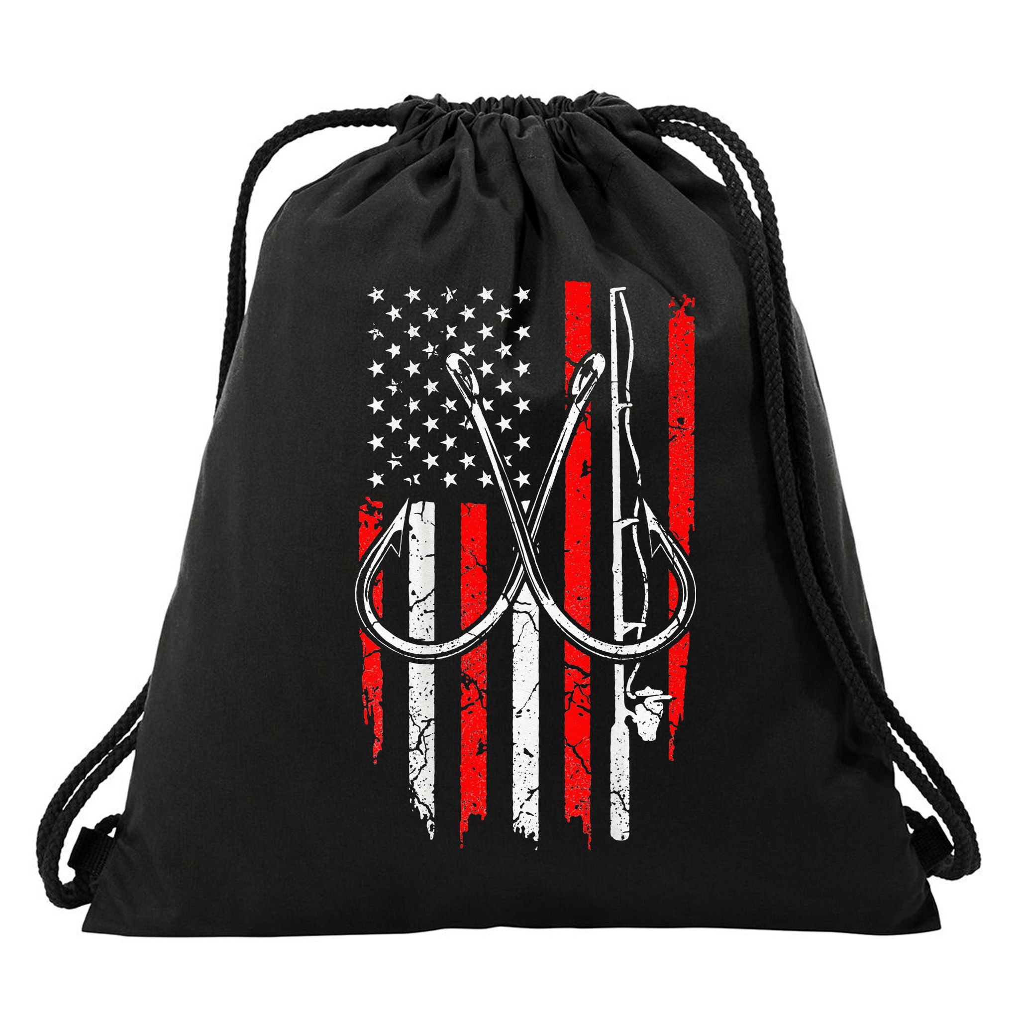 Fisherman Fishing Hooks Proud American Flag Fishing Drawstring Bag