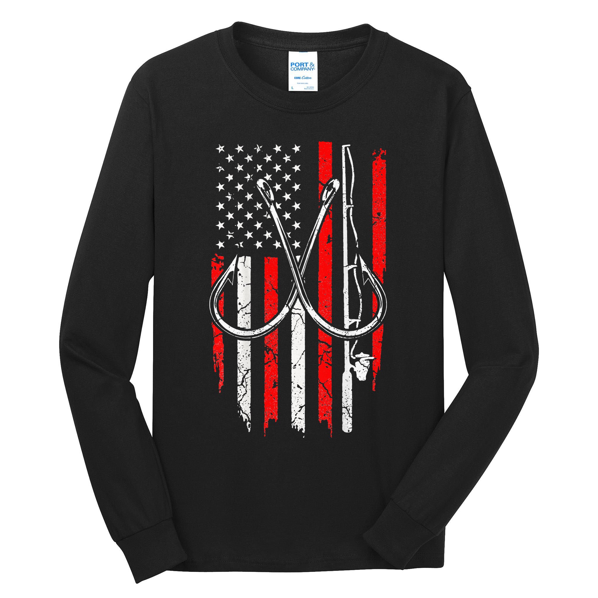 Fisherman Fishing Hooks Proud American Flag Fishing Tall Long Sleeve T-Shirt