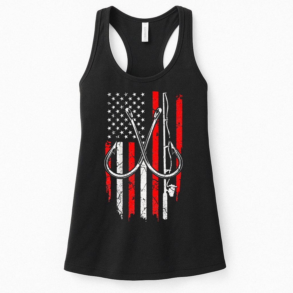 Fisherman Fishing Hooks Proud American Flag Fishing Womens Tank Top