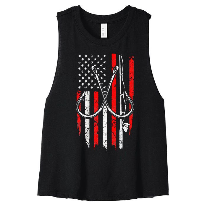 Fisherman Fishing Hooks Proud American Flag Fishing Women's Racerback Cropped Tank