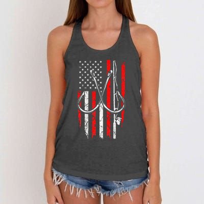 Fisherman Fishing Hooks Proud American Flag Fishing Women's Knotted Racerback Tank