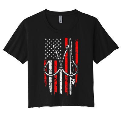 Fisherman Fishing Hooks Proud American Flag Fishing Women's Crop Top Tee