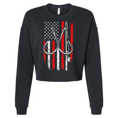 Fisherman Fishing Hooks Proud American Flag Fishing Cropped Pullover Crew