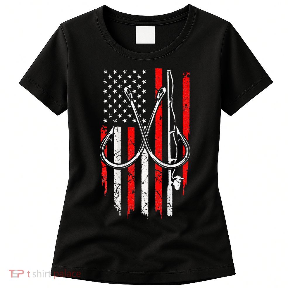 Fisherman Fishing Hooks Proud American Flag Fishing Womens T-Shirt