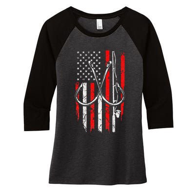 Fisherman Fishing Hooks Proud American Flag Fishing Women's Tri-Blend 3/4-Sleeve Raglan Shirt