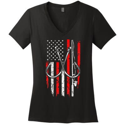 Fisherman Fishing Hooks Proud American Flag Fishing Women's V-Neck T-Shirt