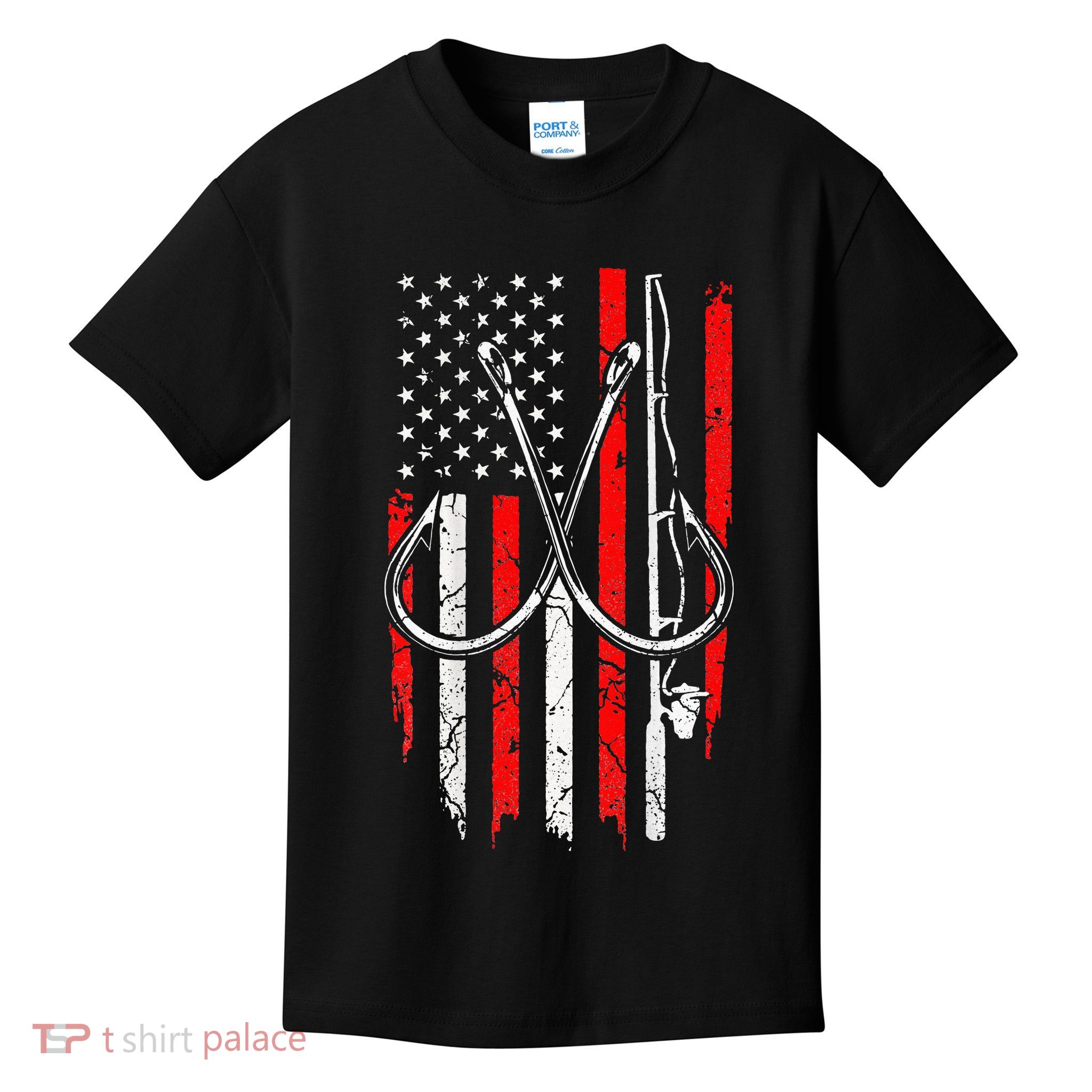 Fisherman Fishing Hooks Proud American Flag Fishing Kids T-Shirt