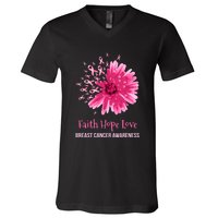 Flower Faith Hope Love Funny Breast Cancer Awareness V-Neck T-Shirt