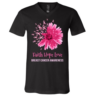 Flower Faith Hope Love Funny Breast Cancer Awareness V-Neck T-Shirt