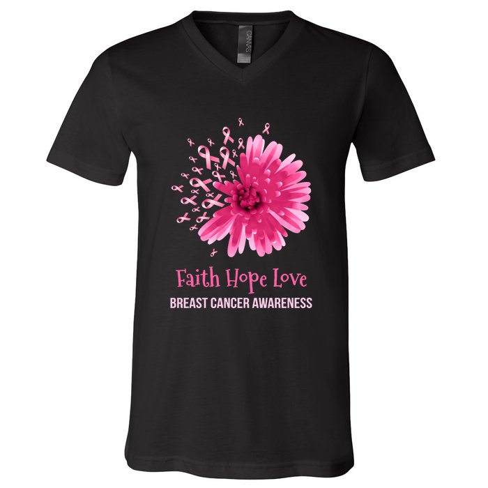 Flower Faith Hope Love Funny Breast Cancer Awareness V-Neck T-Shirt