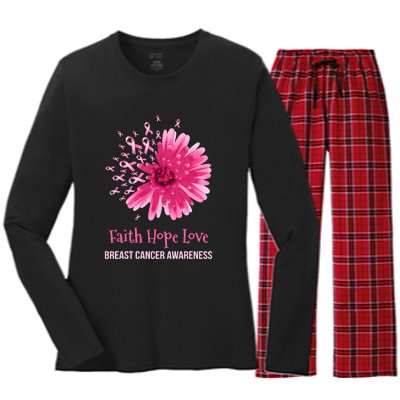 Flower Faith Hope Love Funny Breast Cancer Awareness Women's Long Sleeve Flannel Pajama Set 