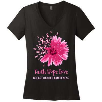 Flower Faith Hope Love Funny Breast Cancer Awareness Women's V-Neck T-Shirt