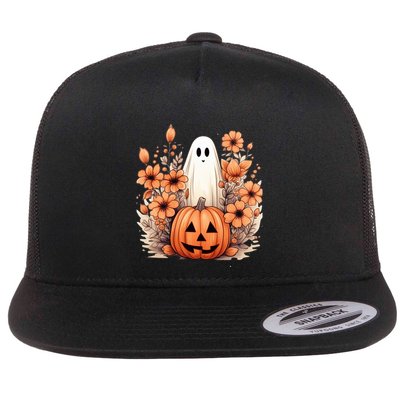 Fall Floral Halloween Ghost In Flower Pumpkin Patch Gift Flatbill Hat
